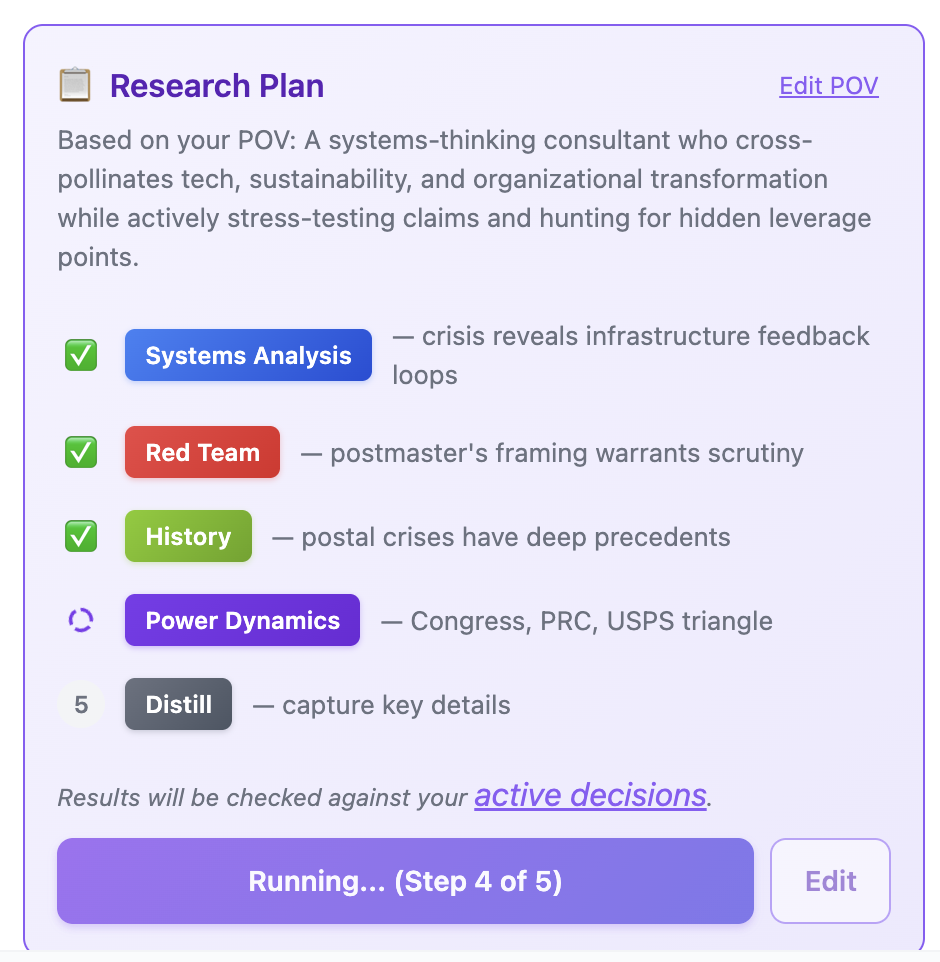 Research plan showing five custom research steps for analyzing the postal service crisis